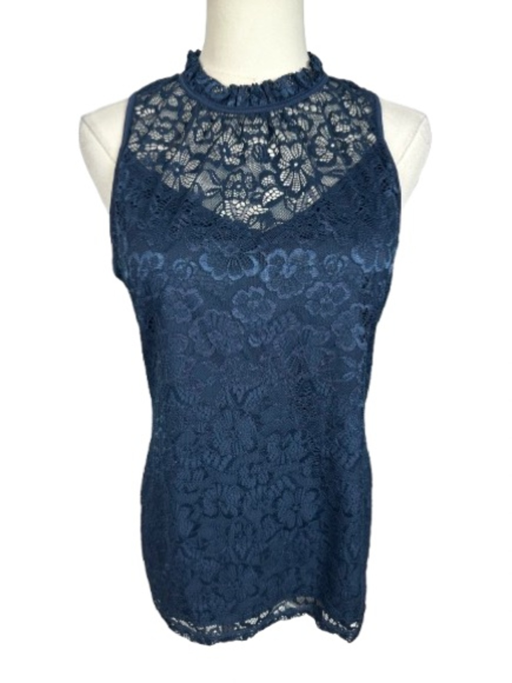 White House Black Market Navy Lace High-Neck Camisole